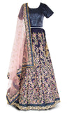 Navy silk lehenga sequined grid pattern embroidered comes with pink net dupatta & A-line skirt