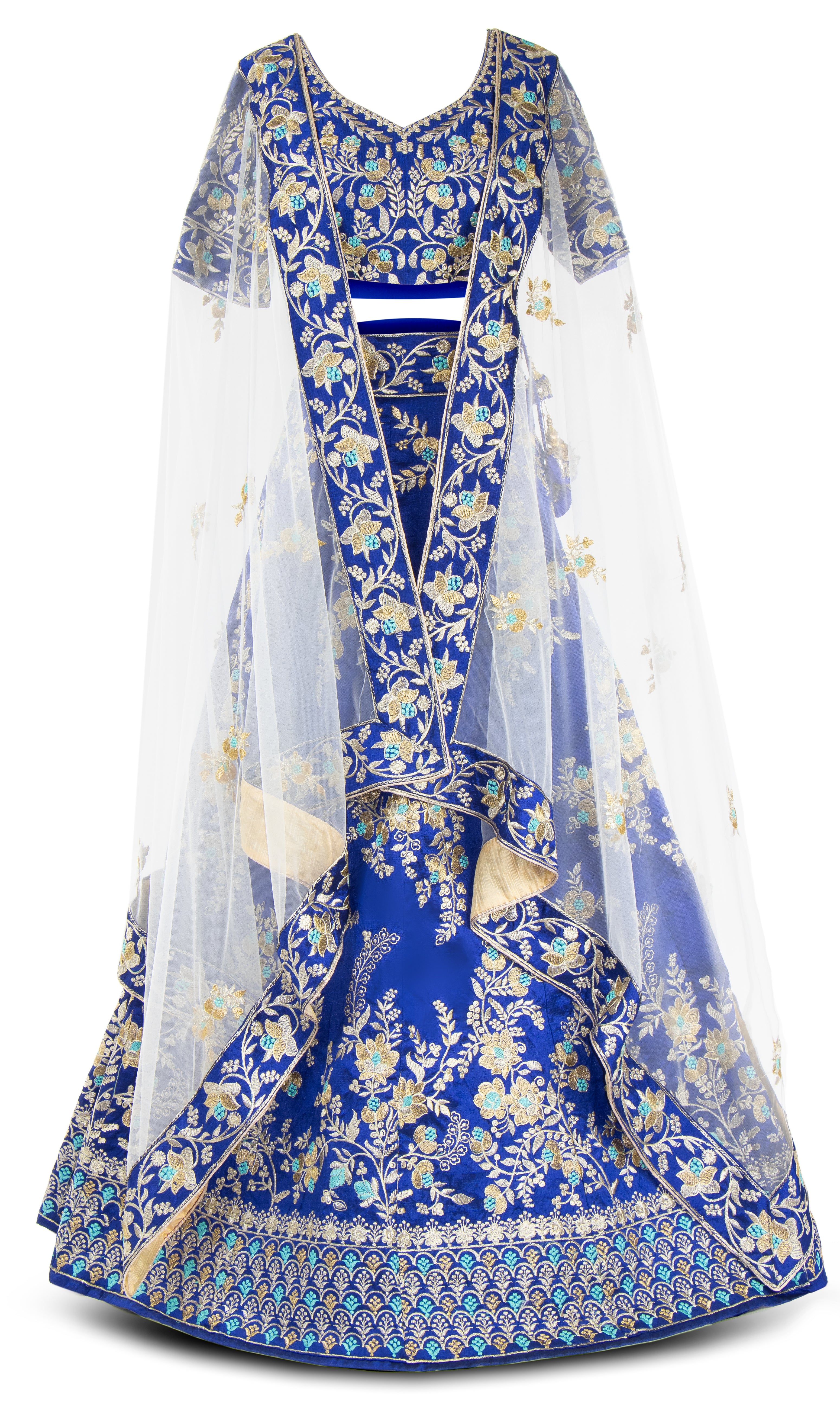 Stunning Heavily embroidered Blue legenga with matching skirt and white net dupatta