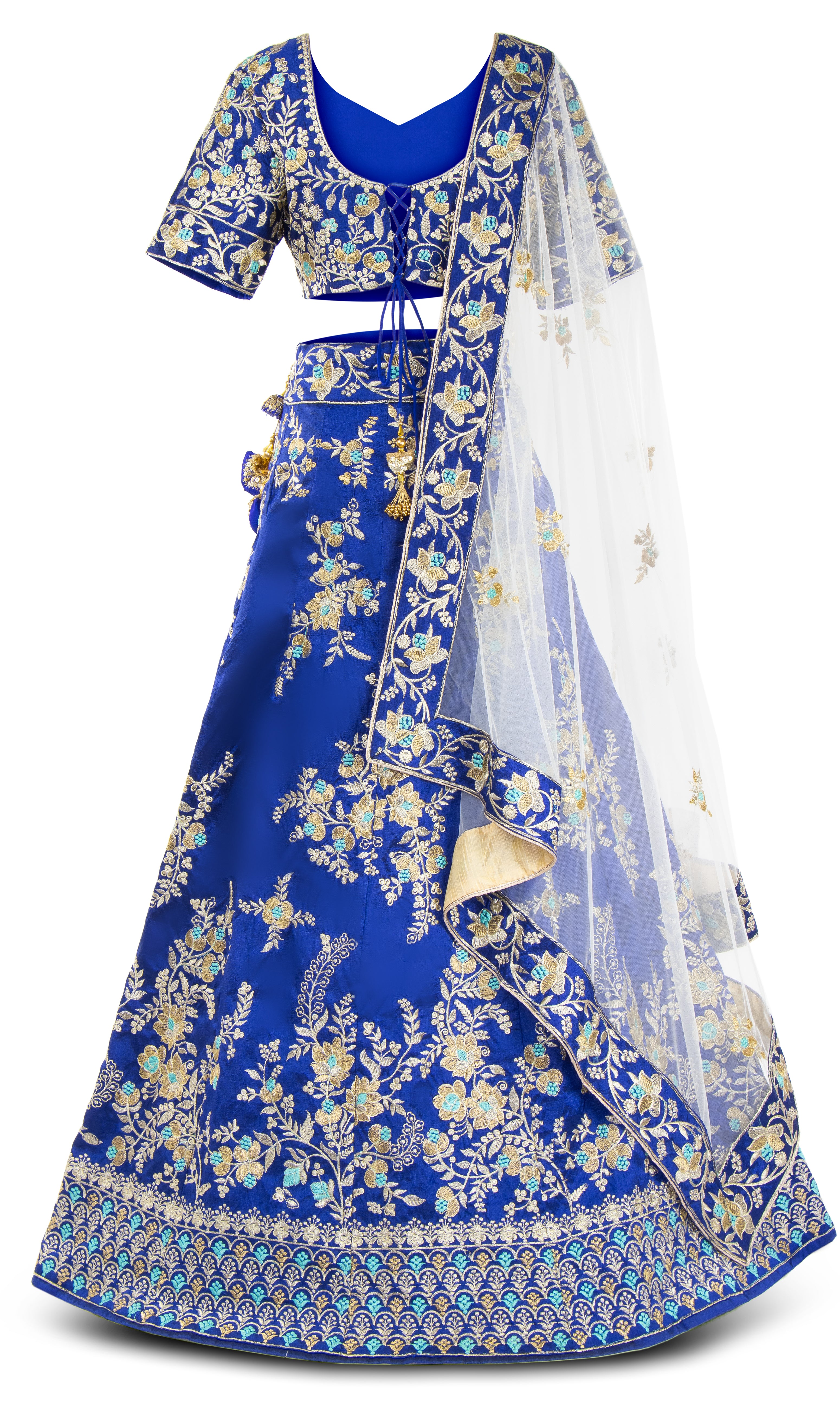 Blue legenga with matching skirt and white net dupatta