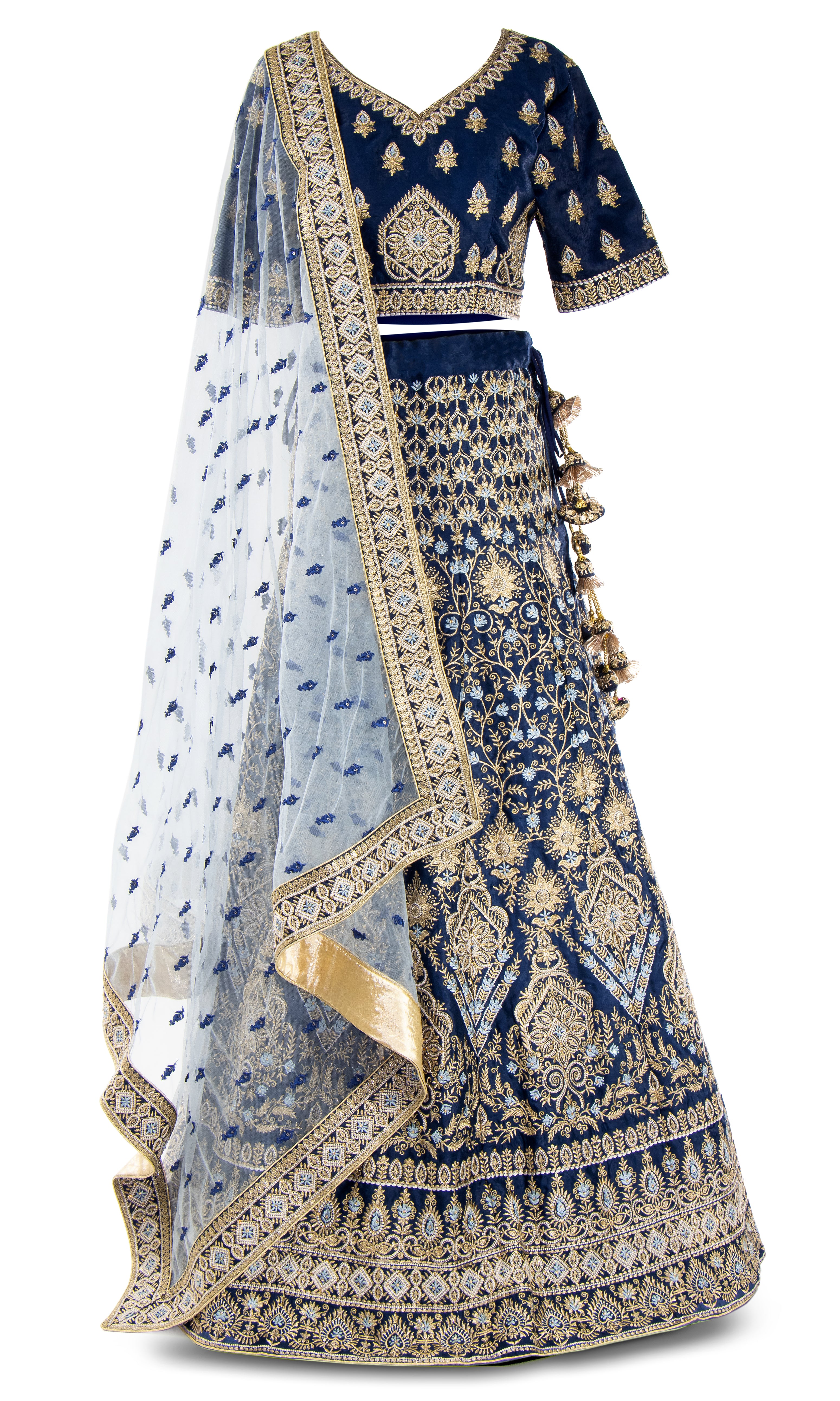 Royal Blue Lehenga Paired with a matching A-line skirt and white net dupatta. Get the royal treatment.