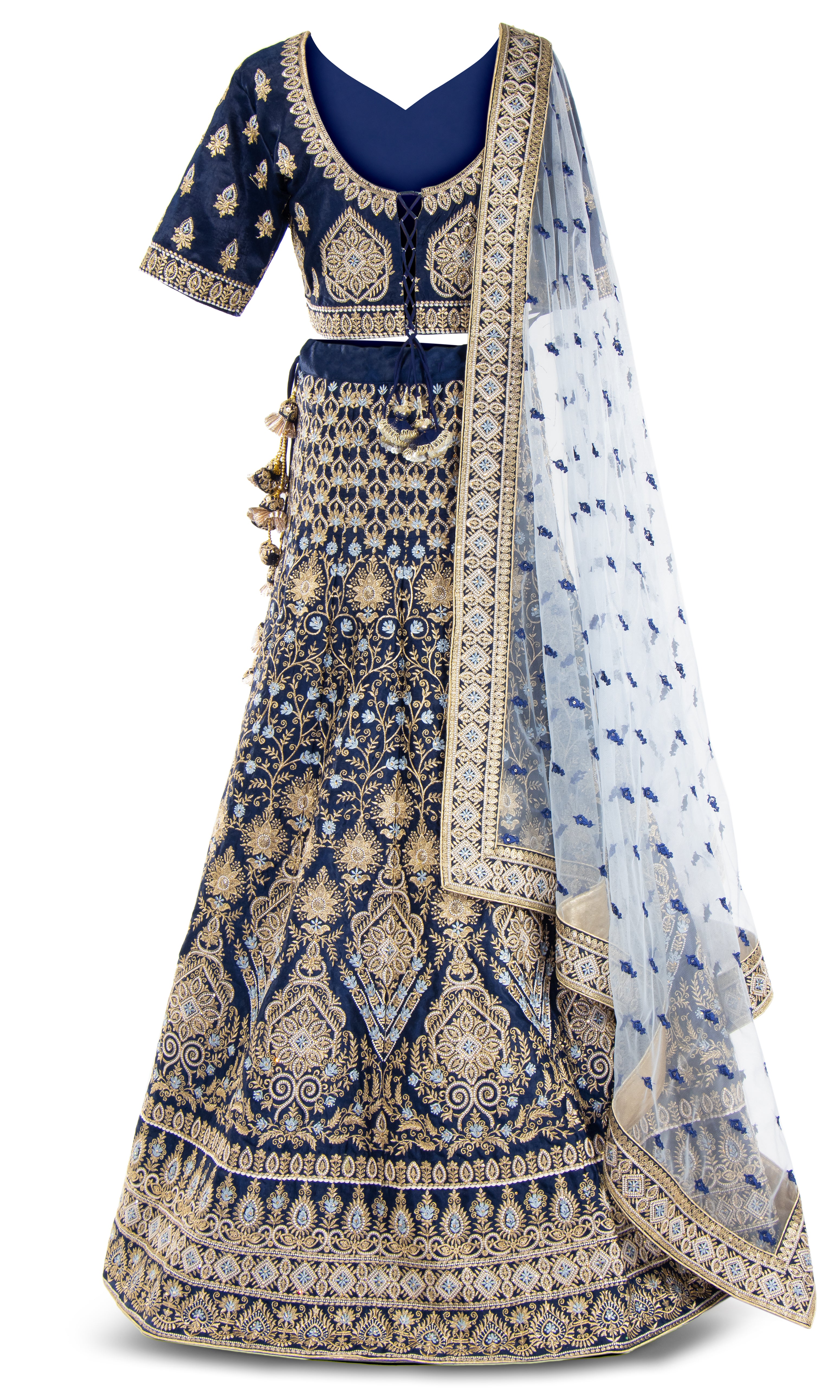 Royal Blue Lehenga with matching A-line skirt and white net dupatta. You’re bound to get the royal treatment.