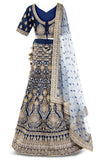 Royal Blue Lehenga with matching A-line skirt and white net dupatta. You’re bound to get the royal treatment.