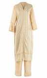 Beige long sleeve kameez garnished with elegant cream threadwork & has embroidered palazzo pant 
