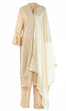 Gorgeous beige long sleeve kameez garnished with elegant cream threadwork paired with a palazzo pant 