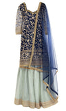 Beautiful grey palazzo pants and a navy net dupatta are paired with the navy silk shirt.