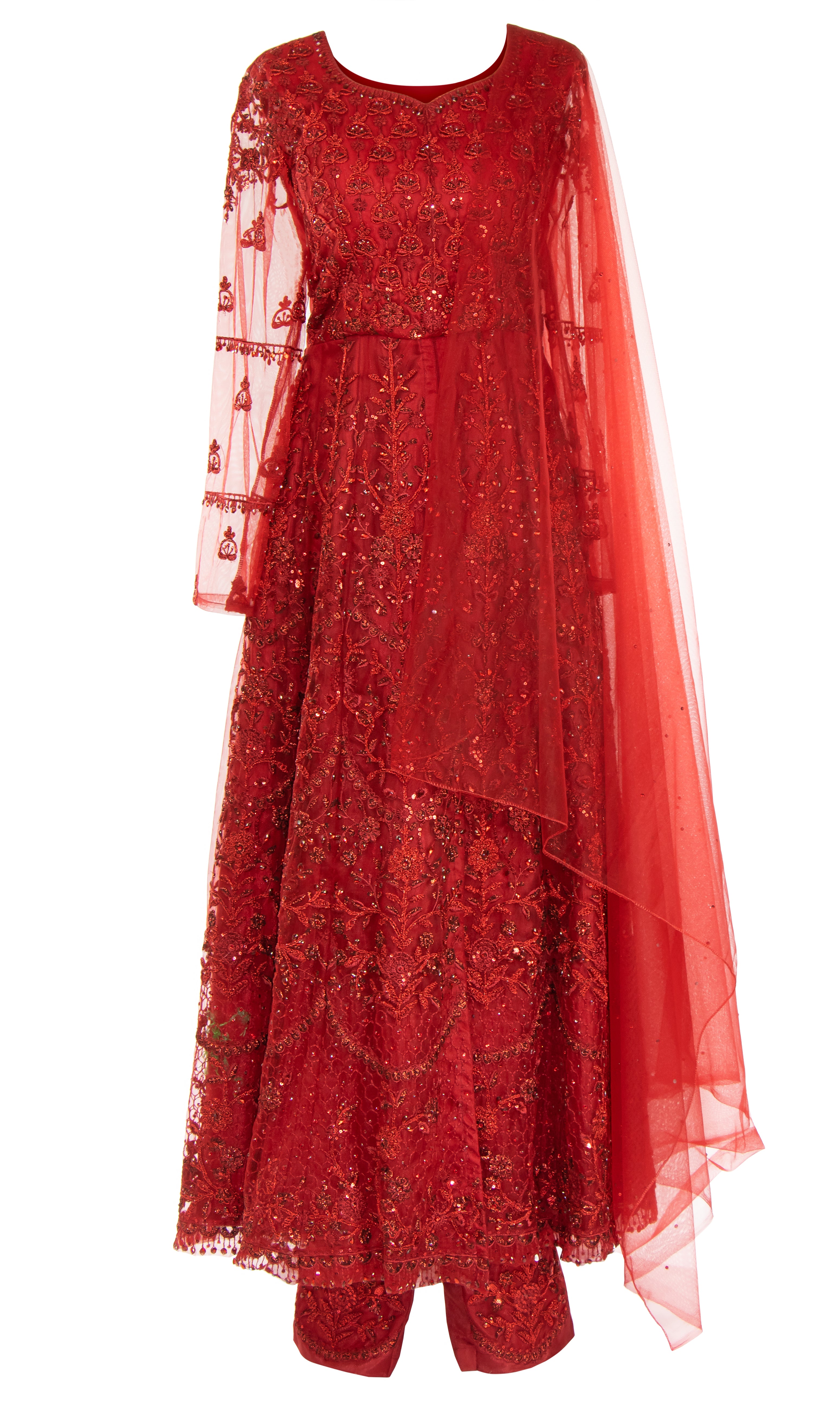 This ruby net slip kameez with long sleeves is embroidered with glittery threadwork. Red carpet for you.