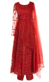 This ruby net slip kameez with long sleeves is embroidered with glittery threadwork. Red carpet for you.