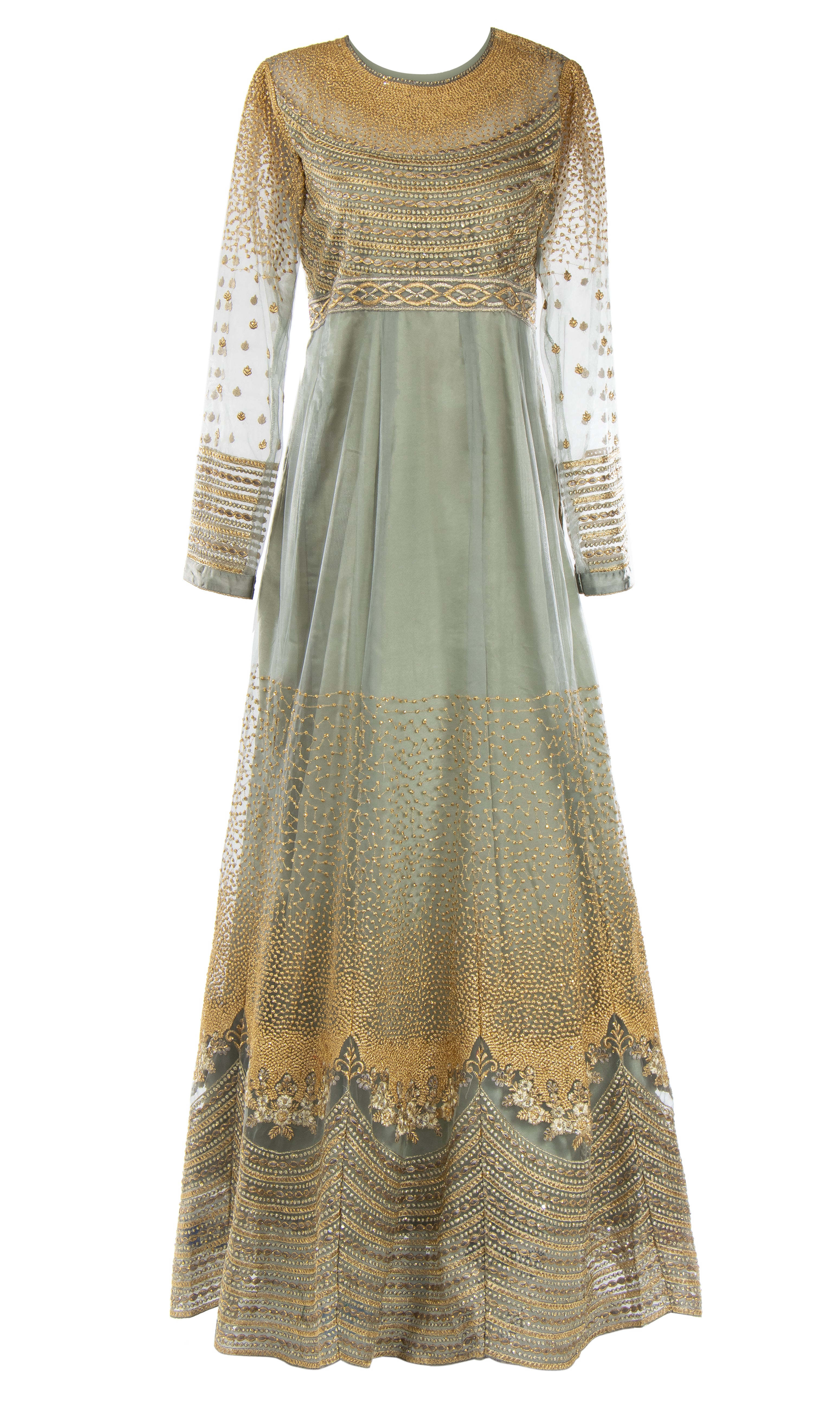A floor-length grey dress with full net sleeves and a dupatta in the same material.