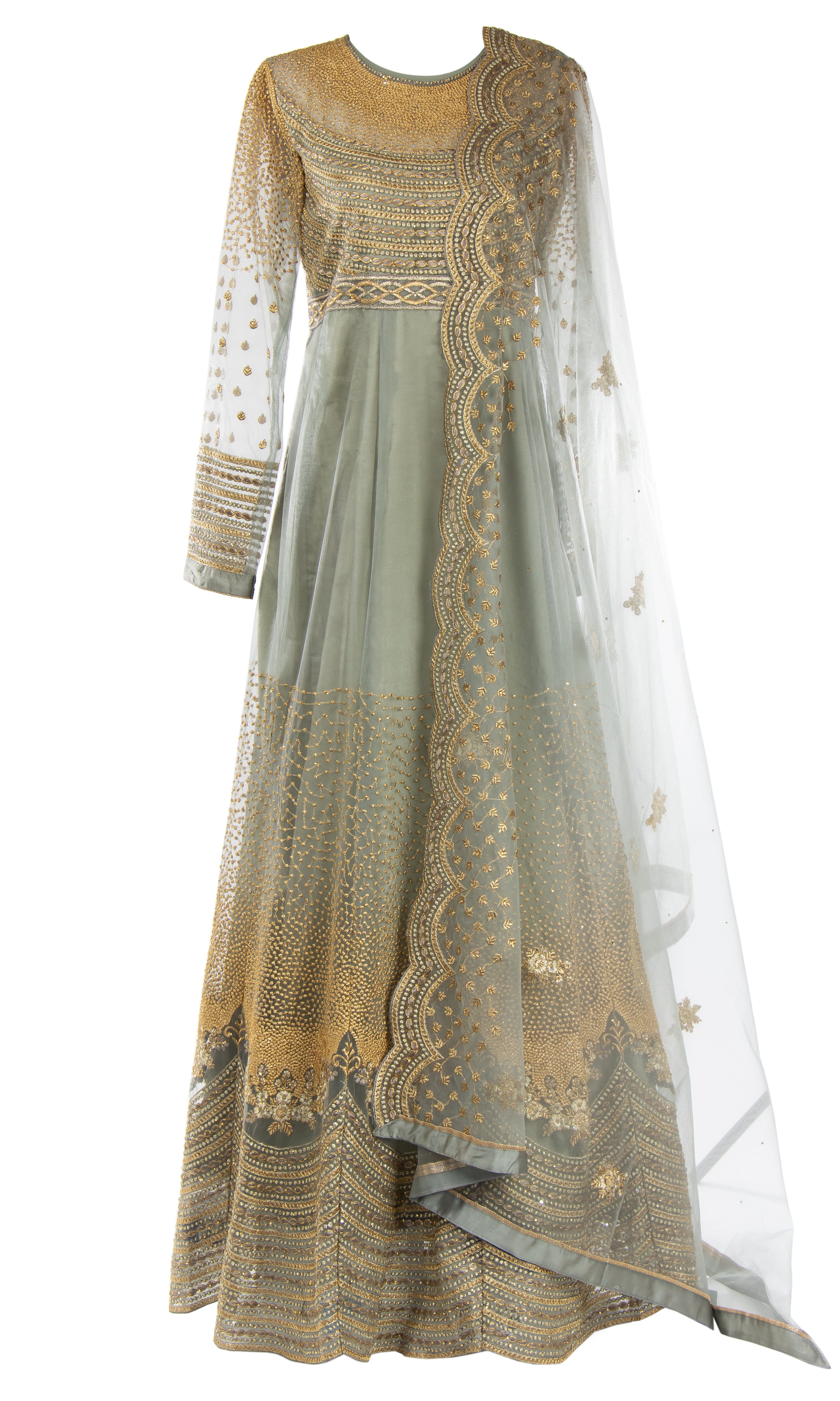 Floor- sweeping gray dress with full net sleeves paired with a matching net dupatta. 