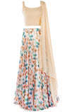 Sleeveless georgette cream floral lehenga with Plain blouse and matching dupatta.