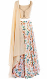 Sleeveless georgette cream multicolor floral lehenga with Plain blouse and matching dupatta.