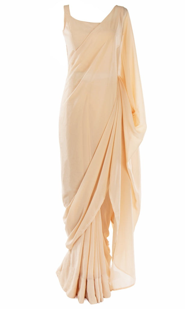 Pre-pleated Peachy cream georgette Saree with Matching petticoat & adjustable Blouse 