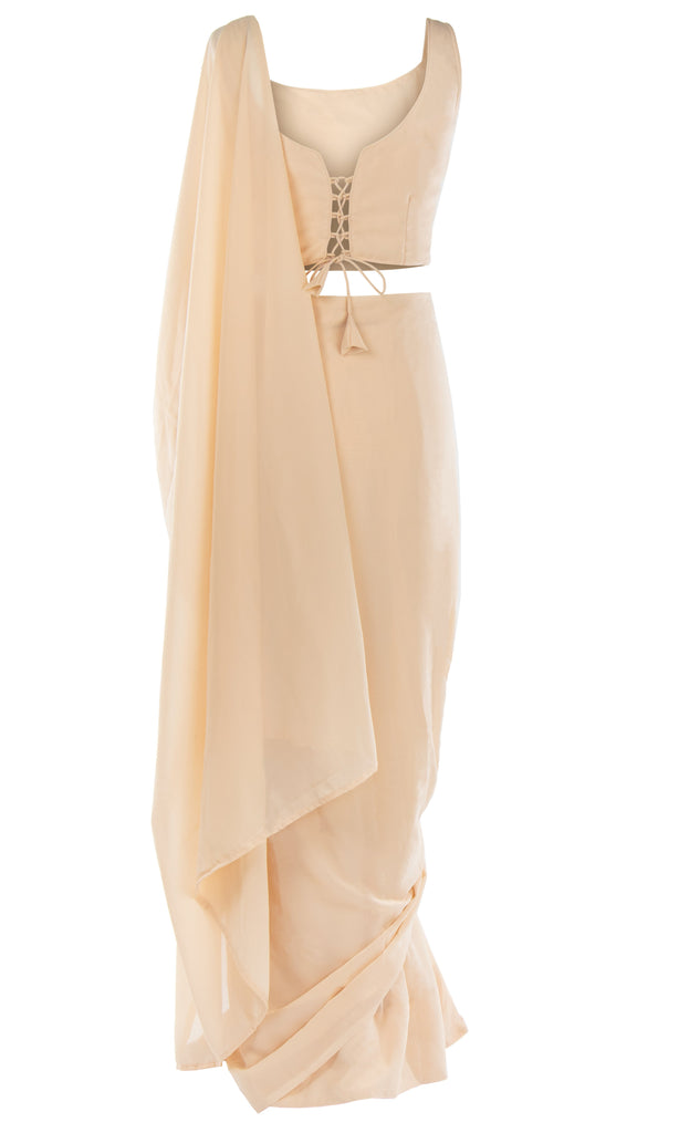 Pre-pleated Peachy cream georgette Saree Comes with Matching petticoat & cream sleeveless top