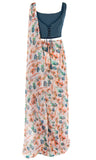 Pre-pleated Peachy, multicolor floral printed Saree with classic sleeveless navy blouse, & Matching petticoat.