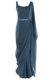 Pre-stitched, pre-pleated navy faux georgette Saree with sleeveless top & Matching petticoat