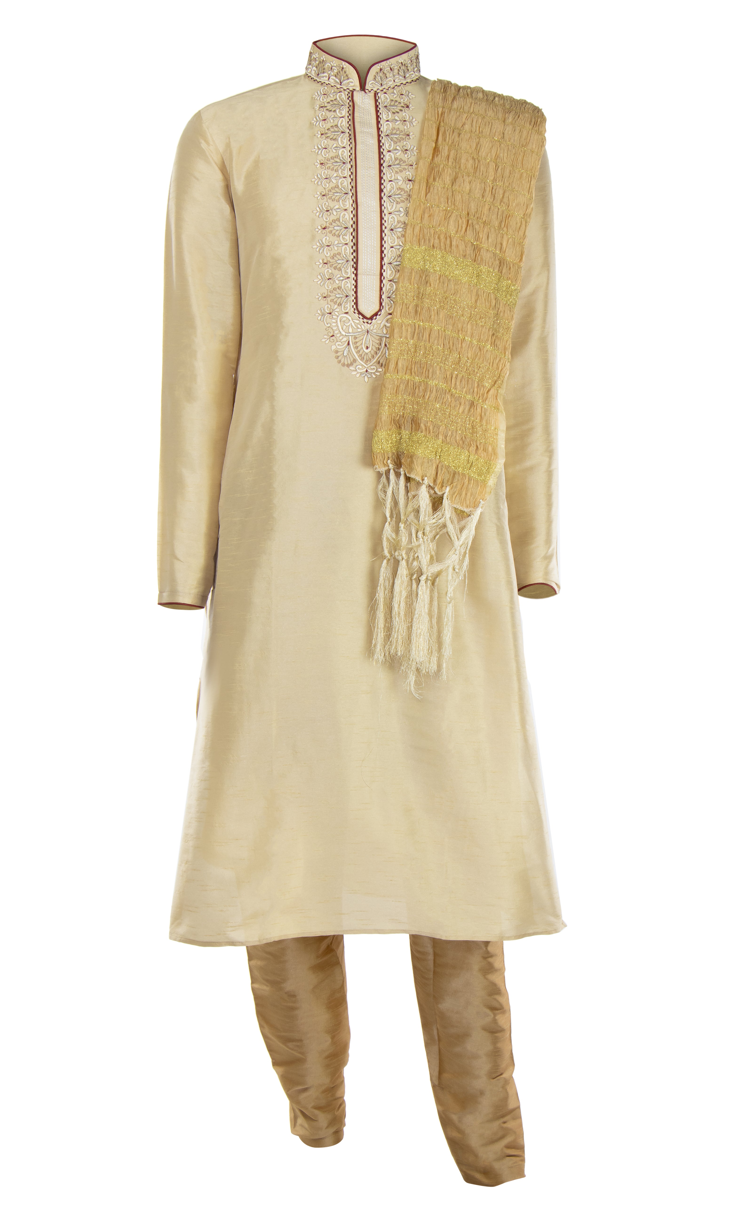 Classic gold silk Kurta with charming red and gold threadwork through the center. Paired with gold pant