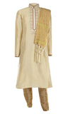 Classic gold silk Kurta with charming red and gold threadwork through the center. Paired with gold pant