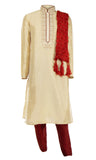 Classic & stylist gold silk Kurta with charming red and gold threadwork through the center. Paired with red pant