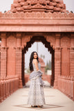 A-line skirt with crystal embellishments and a gray organza lehenga.