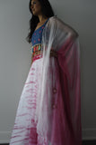 This 3-piece set is so fun and flirty. The dupatta is an ombre from pink to white & blouse is jean material.