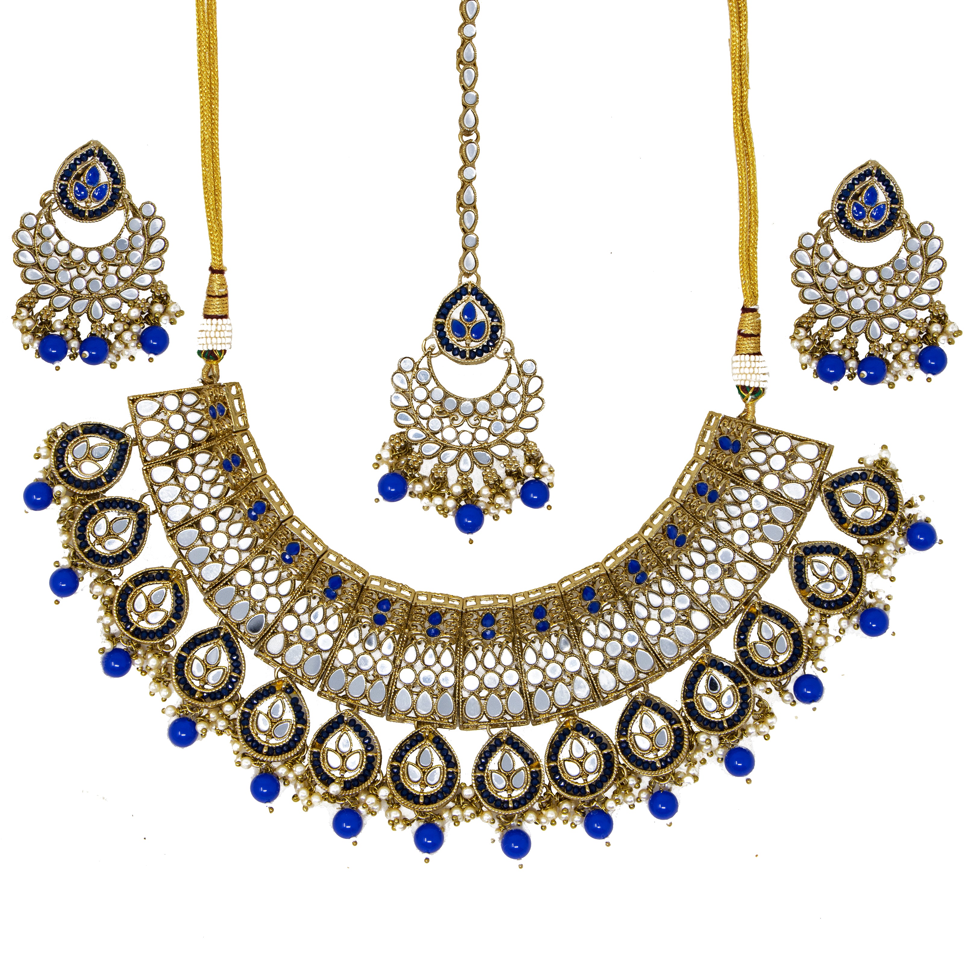 Champagne silver, gold/navy 3 piece jewelry set- Necklace, earrings,& bindi with mirror work, crystals, beads