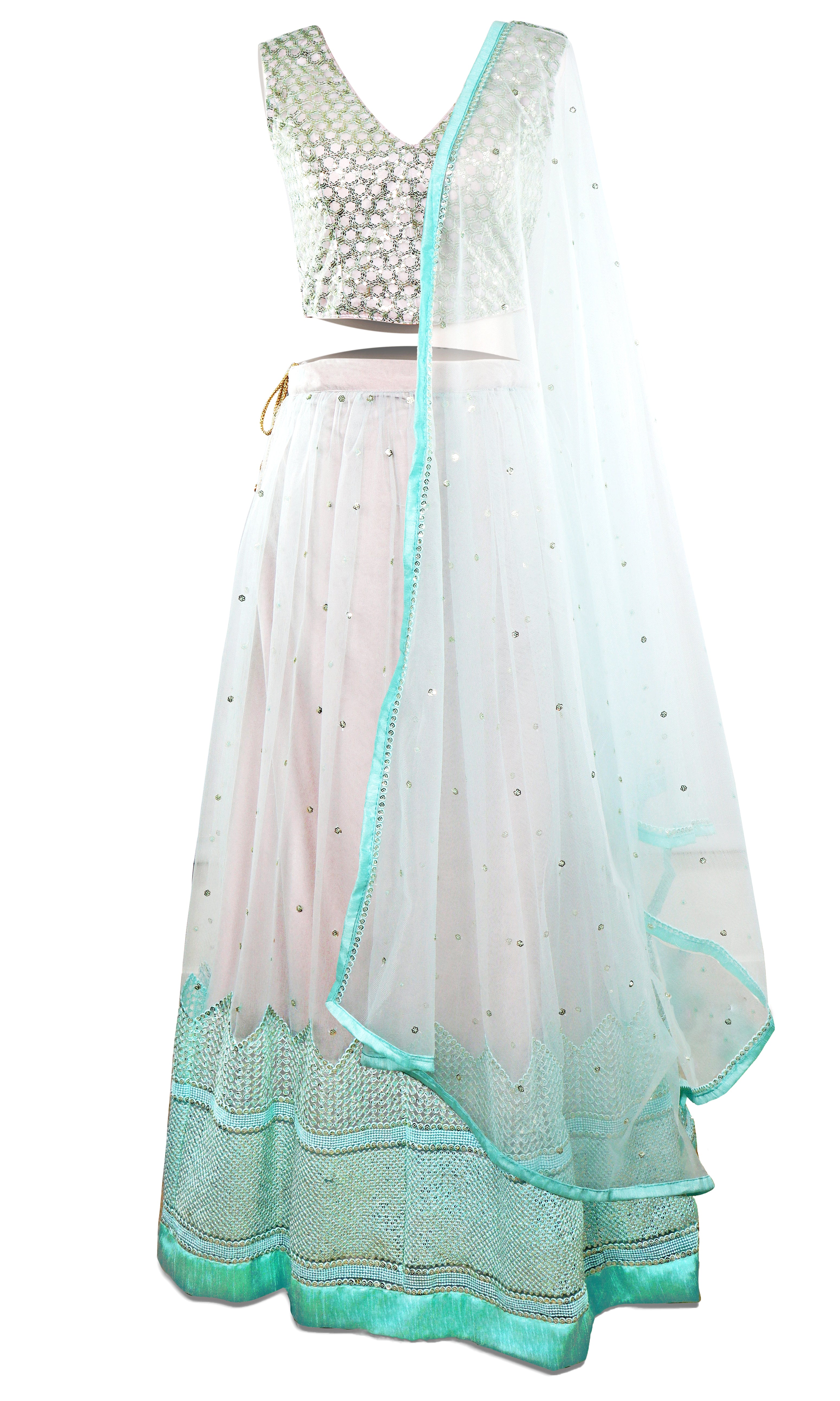  Stunning blue & silver lehenga with the bottom of the skirt is fully covered in bright blue studs and sequins.
