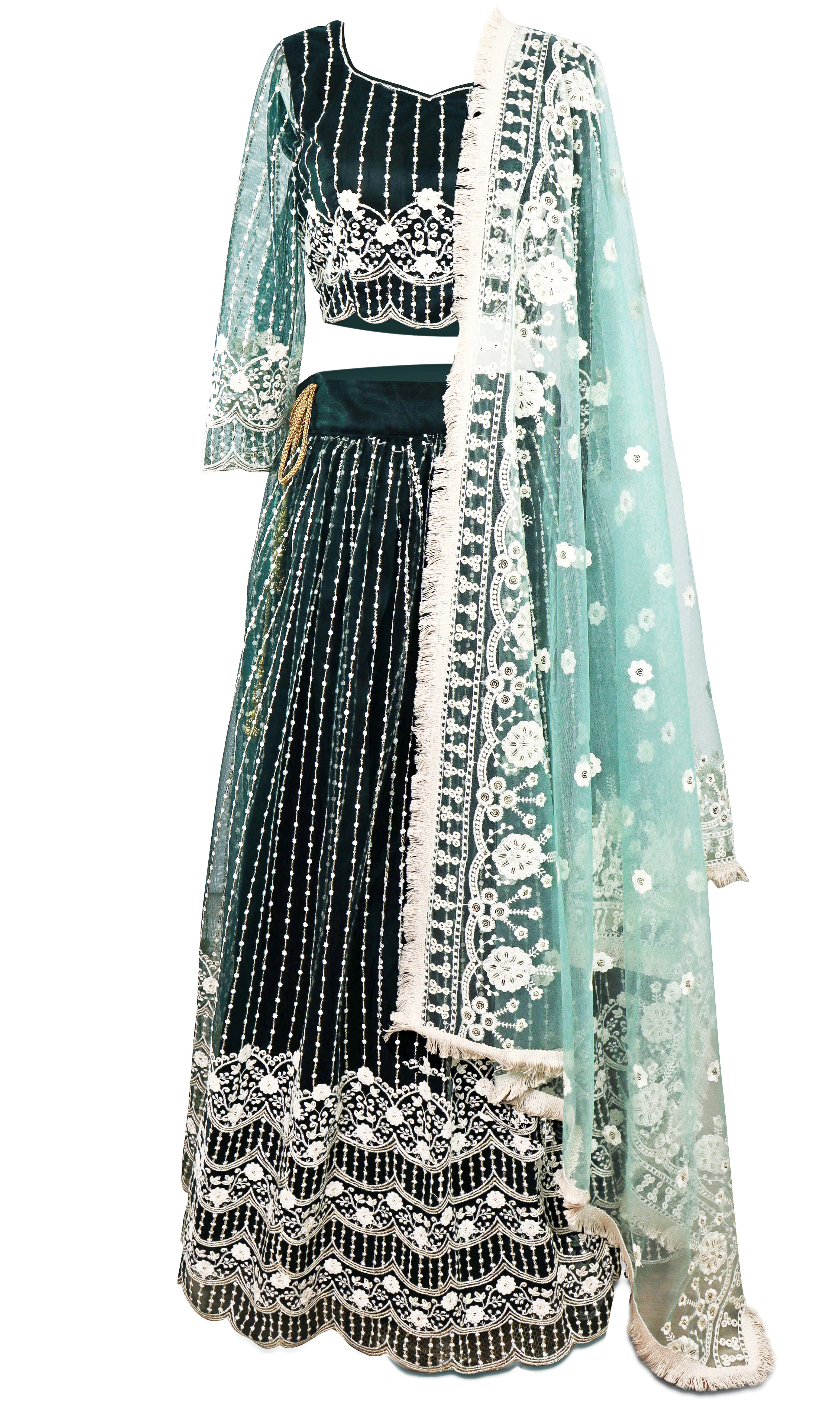 Elegant lace lehenga long-sleeve 3 piece set is forest green in color, covered in off-white lace embroidery.