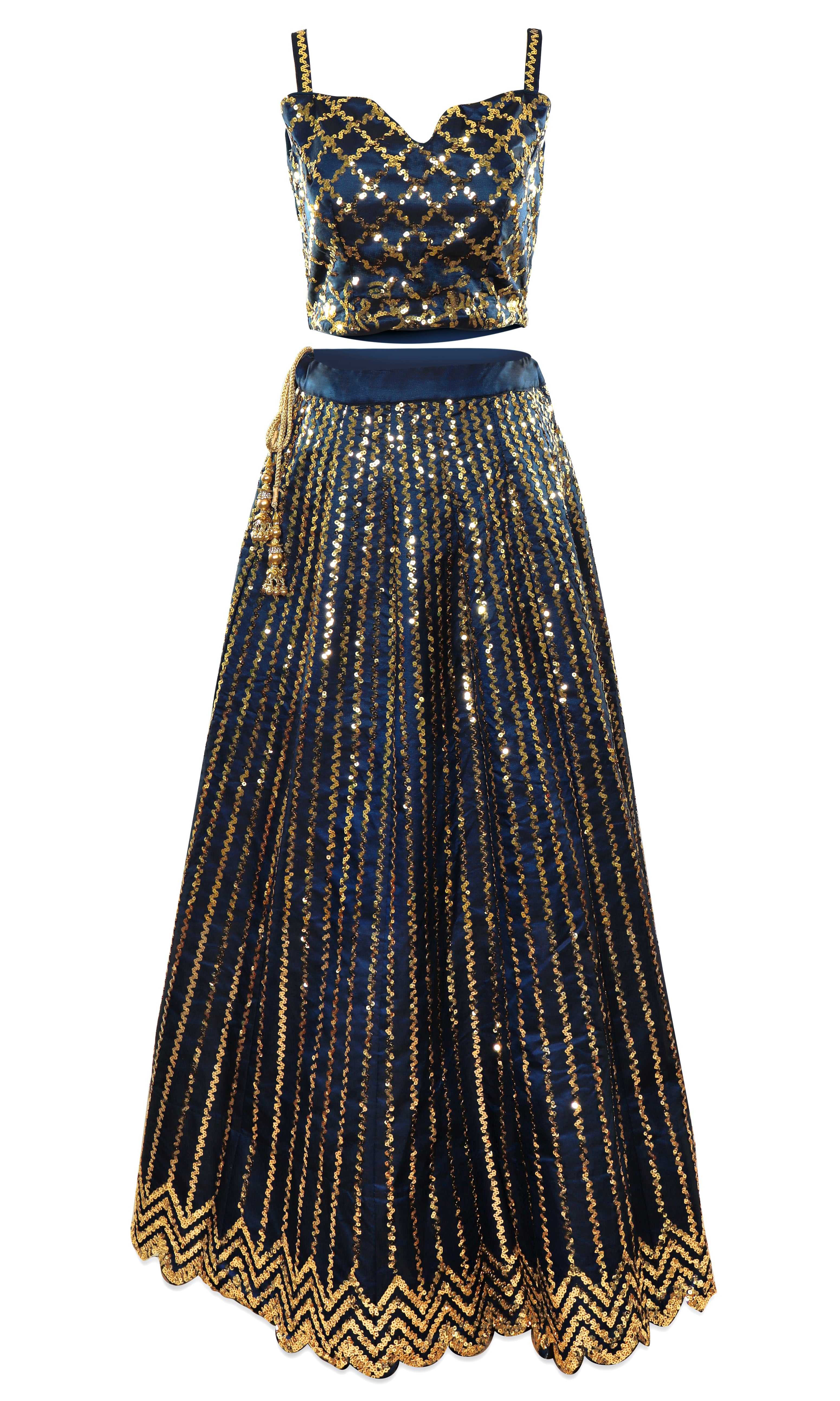 Blue gold lehenga is navy in color covered in gold sequins with pair adjustable blouse in the back.
