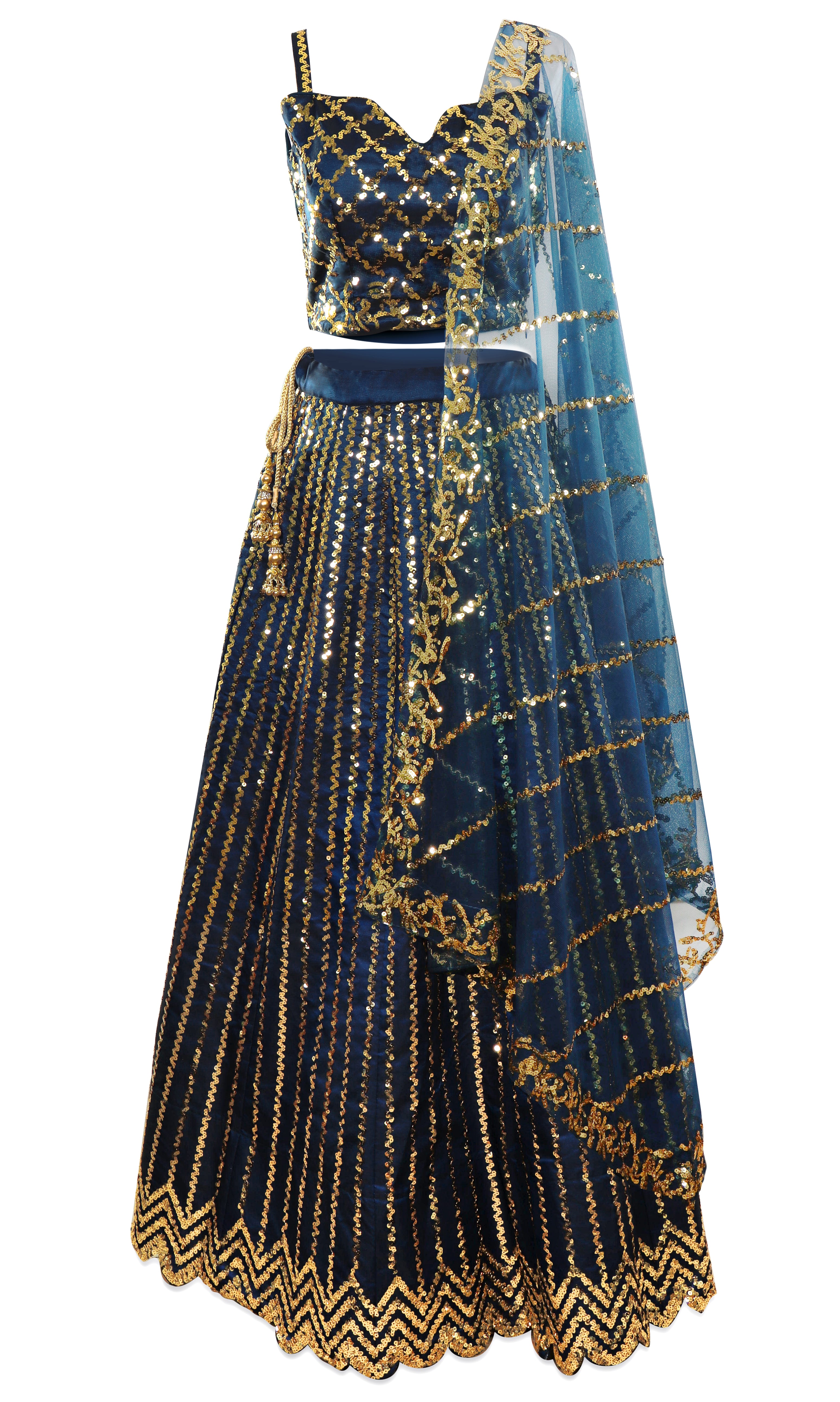 Blue gold lehenga this beautiful 3 piece lehenga is navy in color covered in gold sequins. You'll be shining through the night!