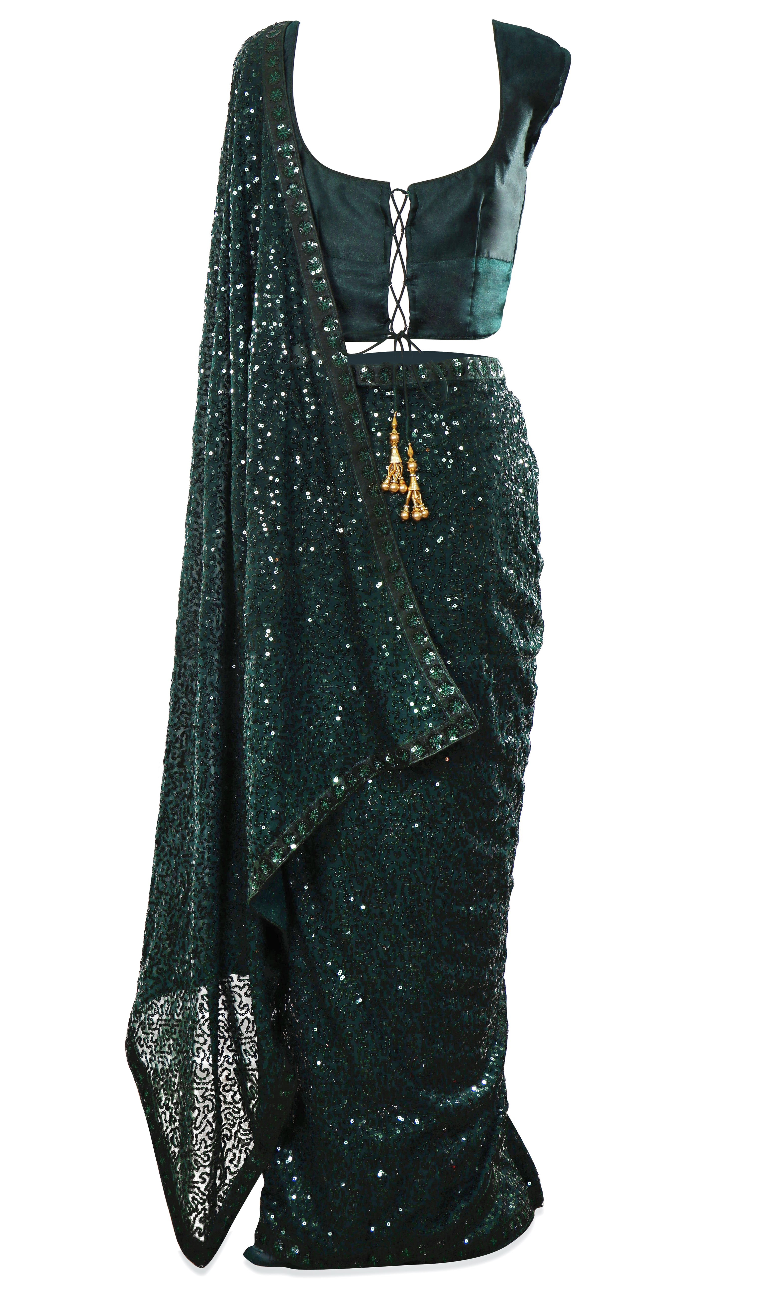 Dark green saree with Matching petticoat, front and the back has tie strings to adjust sizing! 