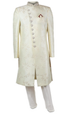 Off-White Sherwani suit is covered in delicate while, gold, and red embroidery.