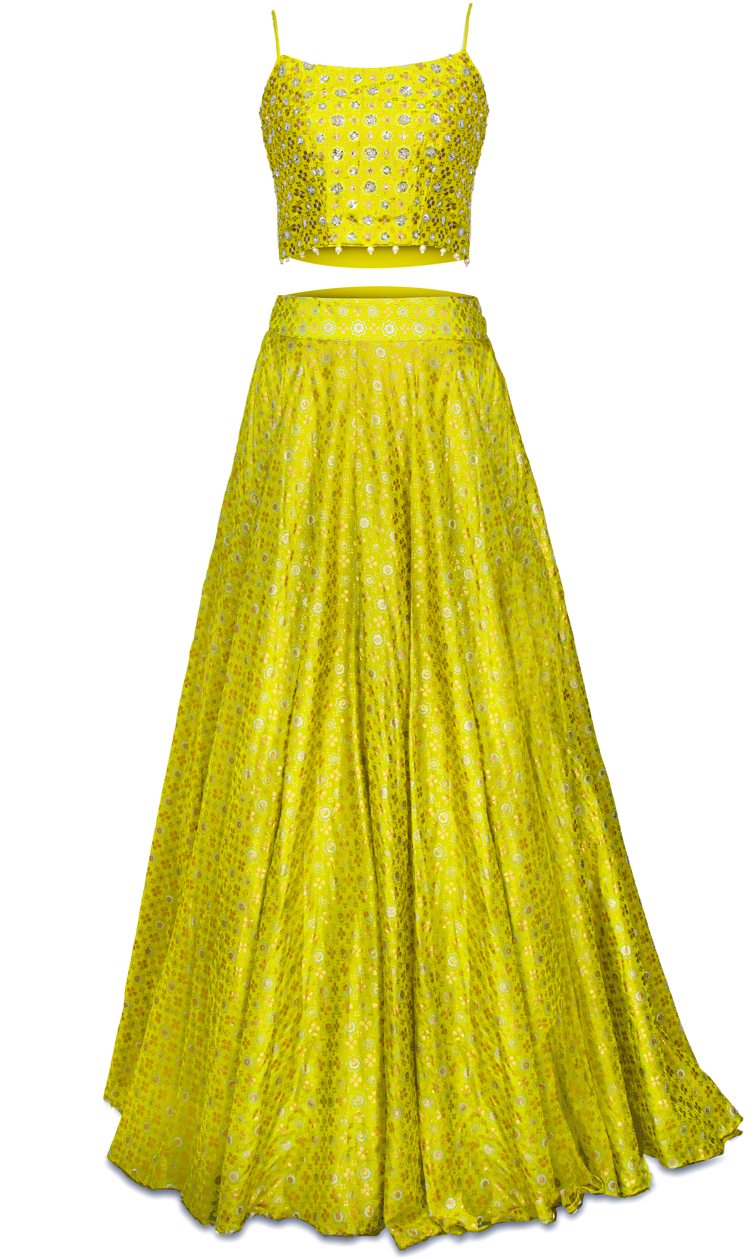  Gorgeous  lehenga with yellow color and strappy crop top that has a blended silk base.