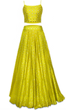  Gorgeous  lehenga with yellow color and strappy crop top that has a blended silk base.