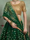 Gorgeous gold and green lehenga. The skirt and dupatta are also embroidered in gold sequined floral style. 