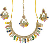 Gold 3 piece jewelry set- Necklace, earrings,& bindi with clear crystals and hanging multi-color stones