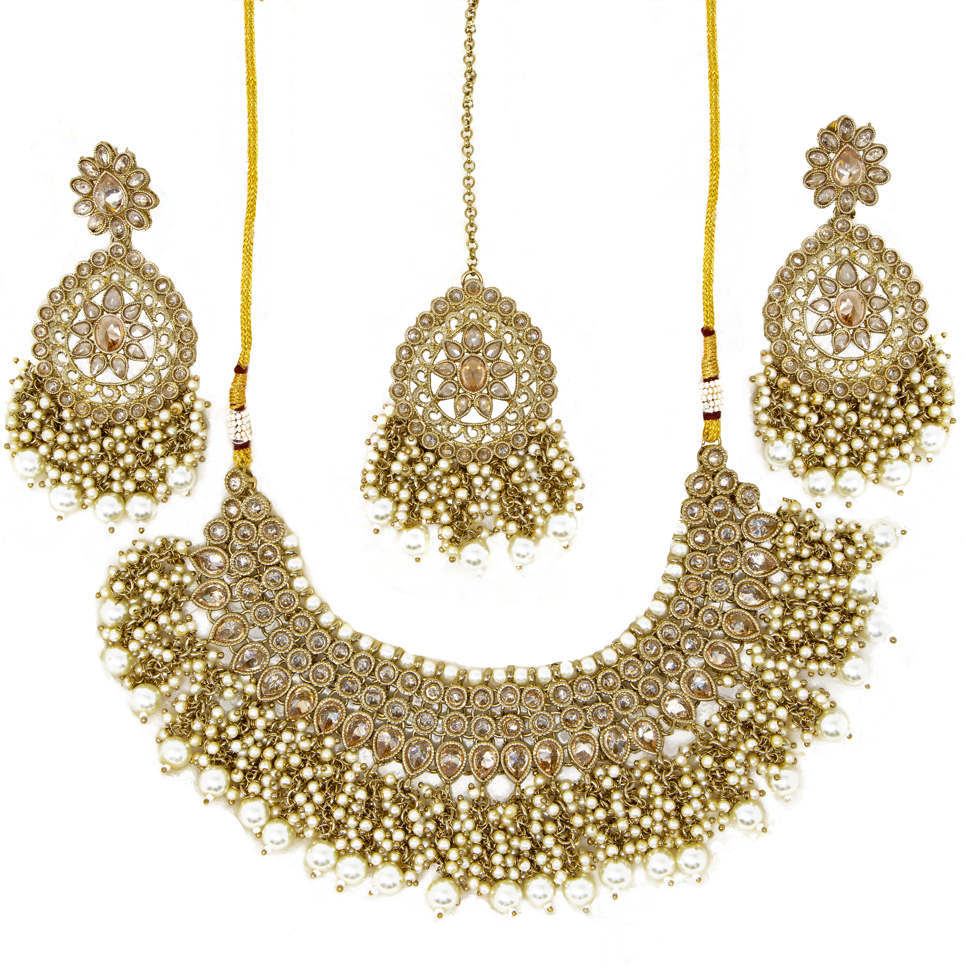 Champagne Gold 3 piece jewelry set- Necklace, earrings,& bindi with crystals, beads, and pearls