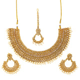 Gold 3 piece jewelry set- Necklace, earrings,& bindi with crystals, & beads 