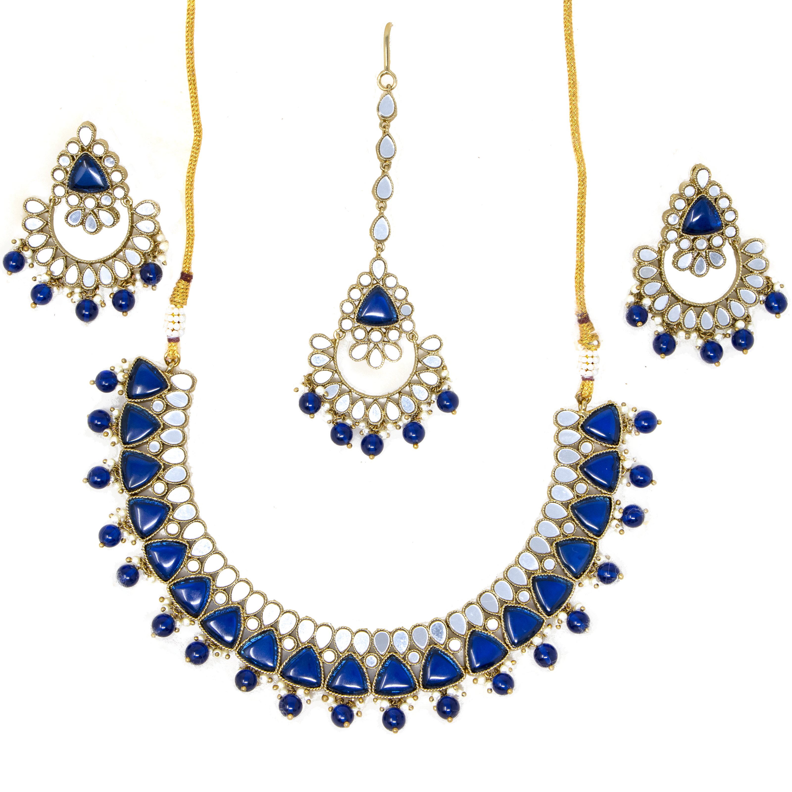 Silver/blue jewelry set- Necklace, earrings,& bindi with mirror work & blue stones