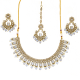 Gold/gray jewelry set- Necklace, earrings,& bindi covered in clear crystals, gray stones & beads.