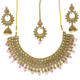 Multi-color champagne jewelry set- Necklace, earrings,& bindi covered in rose gold, mint green & baby pink stones