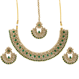 Gold/green jewelry set- Necklace, earrings,& bindi covered green stones, clear crystals, & mini gold beads