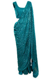 Teal color georgette Saree which is ready-made and pre-pleated with matching petticoat & Blouse