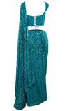 Stunning teal color georgette Saree paired with a sequined sleeveless blouse. 