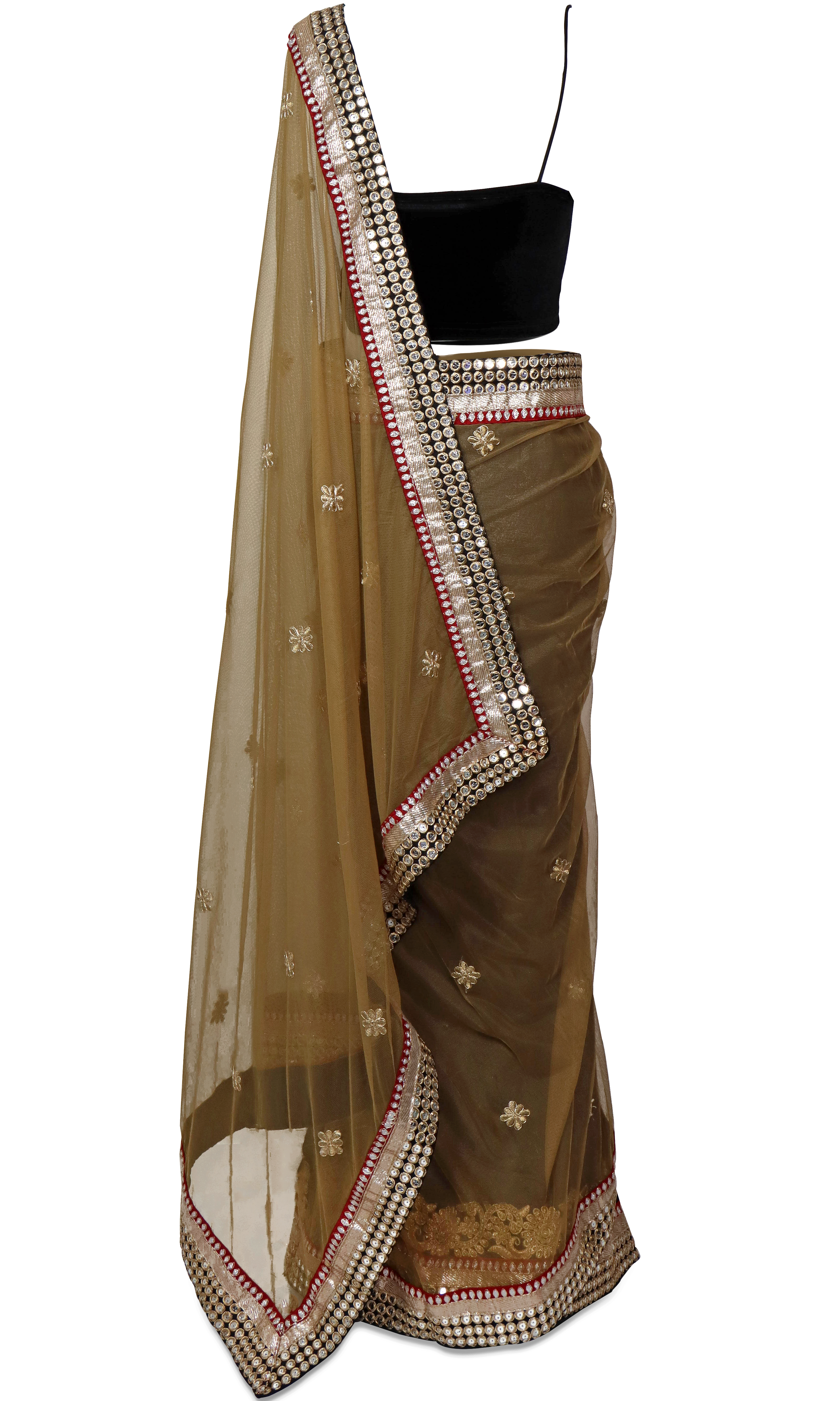 Black & beige sari has stunning red/silver embroidery paired with a sleeveless velvet black blouse.
