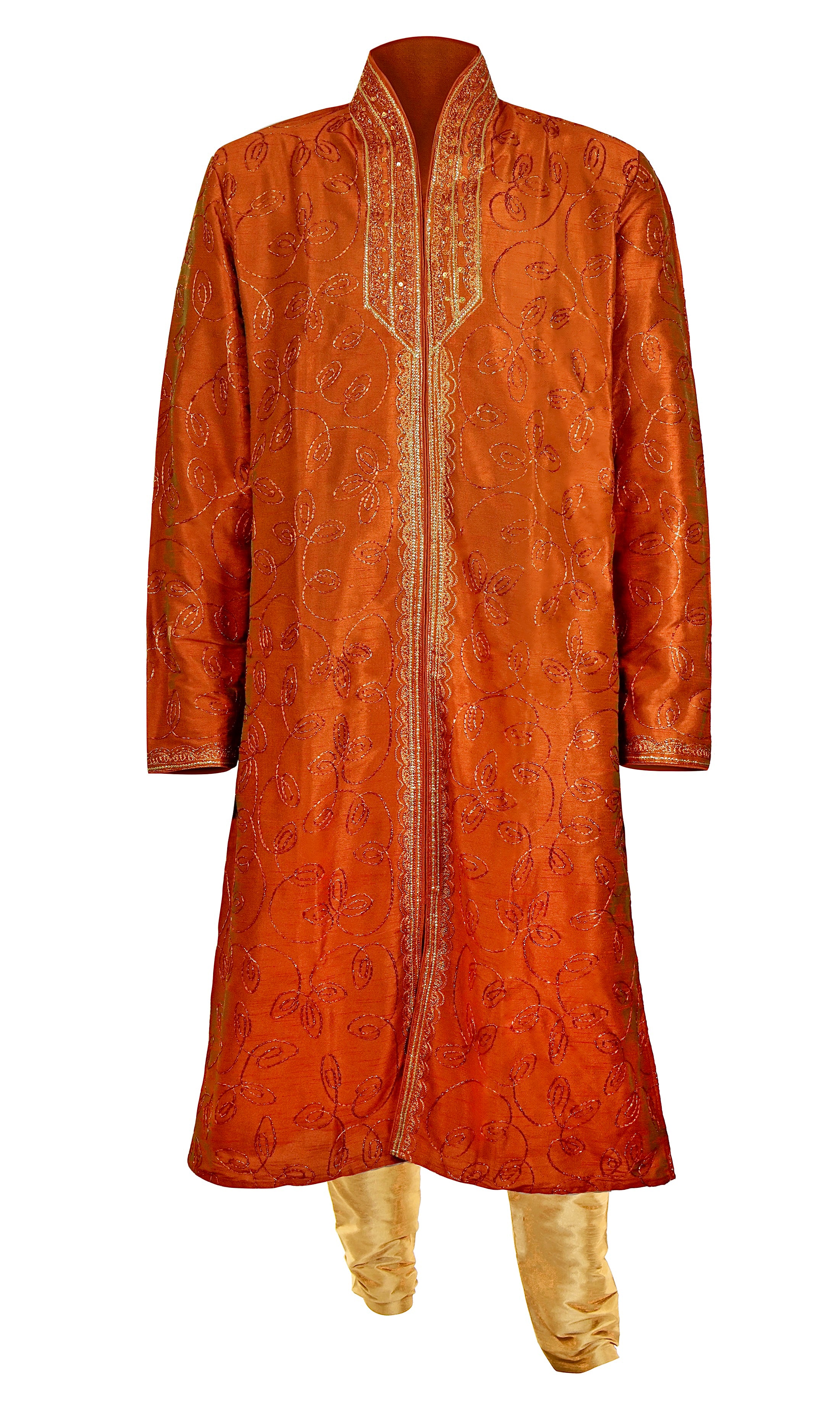 Dark orange silk kurta with gold beads and sequins embroidered & with gold pants