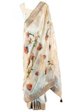 Pre-pleated Neutral linen Saree with a multicolor floral pattern & has a Matching petticoat