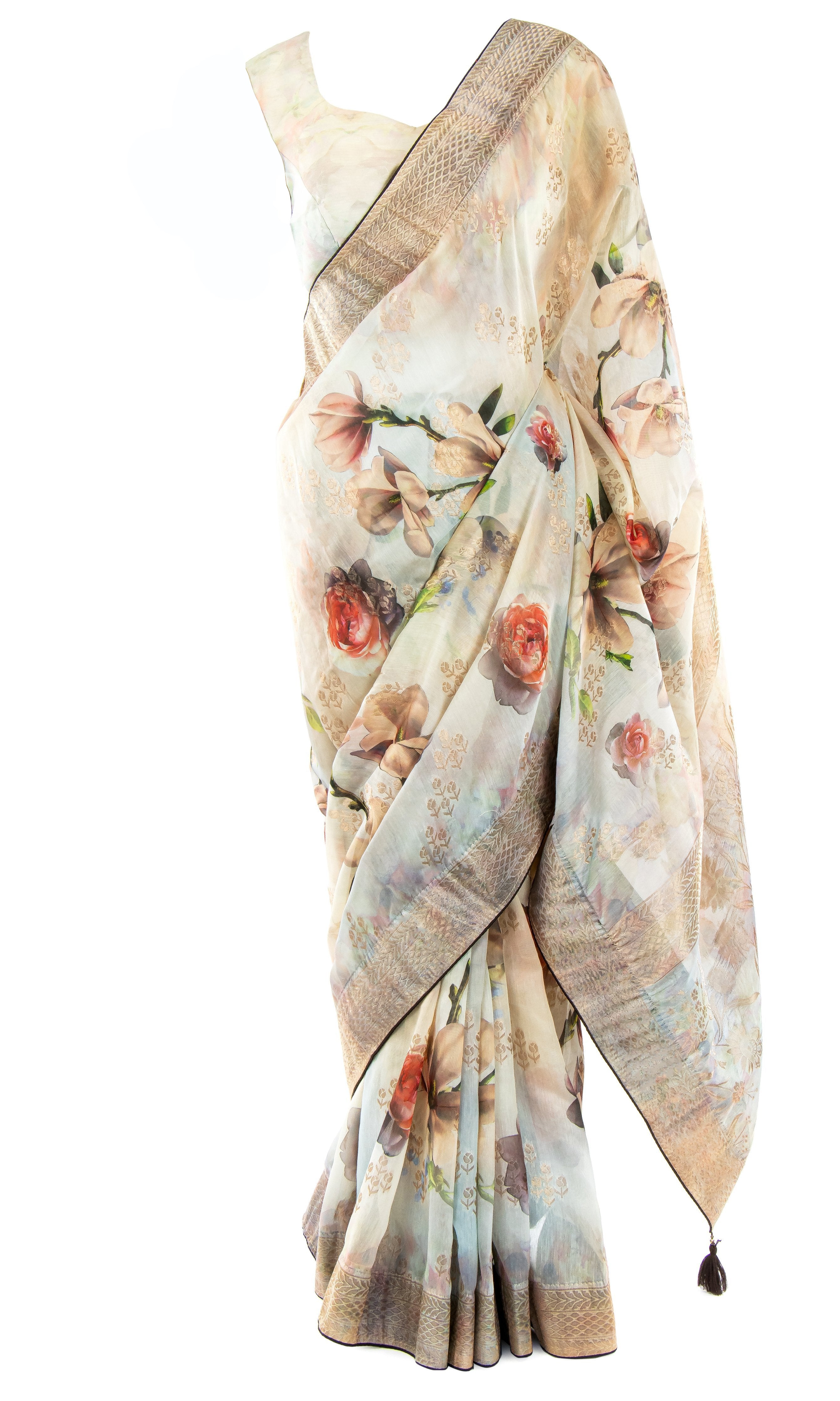 Ready-made linen Saree with a multicolor floral pattern & has a adjustable Blouse
