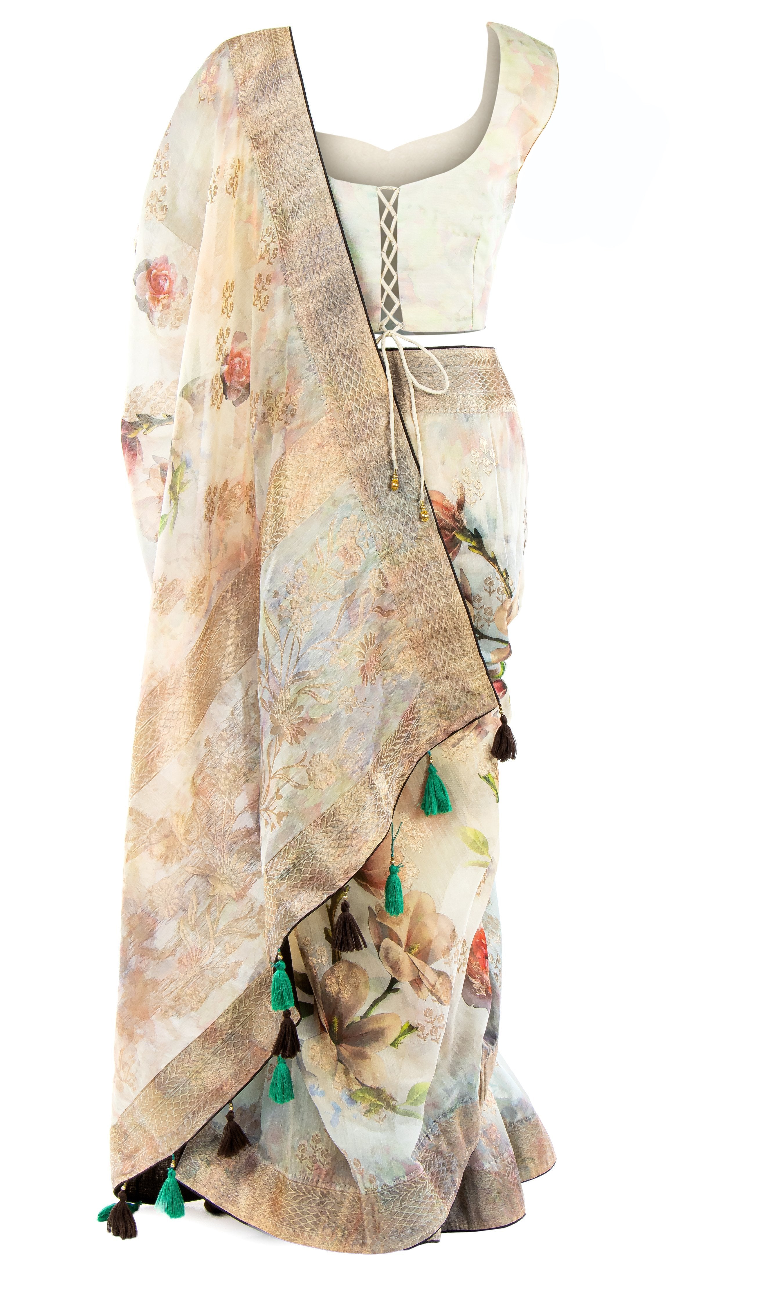 Pre-pleated Neutral linen Saree with a multicolor floral pattern & has a adjustable Blouse