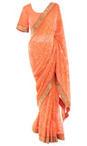 Pre-stitched georgette peach Saree with coral adjustable blouse &  Matching petticoat.