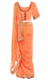Pre-stitched peach classic Saree with coral adjustable blouse &  Matching petticoat.